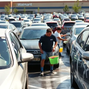 Individuals washing cars in a Walmart parking lot as part of a unique shoplifting punishment.