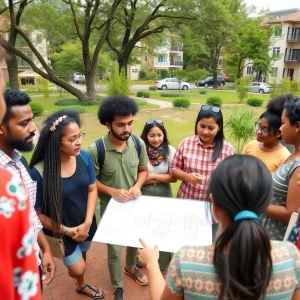 A diverse group of community members working together on a renovation project.