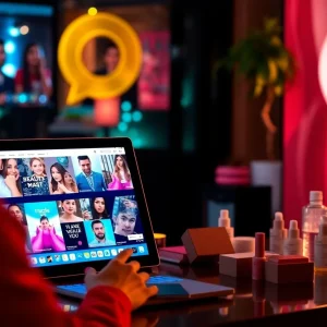 Illustration of Digital PR in the beauty industry with products and social media elements.