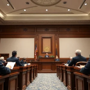 Courtroom representing a high court appeal with legal symbols.