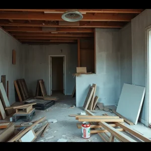 A cluttered home renovation site with unfinished construction.