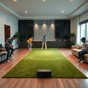 Players enjoying MetaShot indoor cricket system in a living room