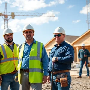 A construction site in Michigan with workers renovating homes.