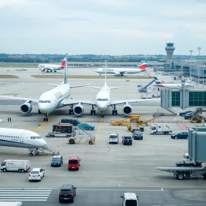 Busy airport scene showing aircraft and ground vehicles at O'Hare Airport