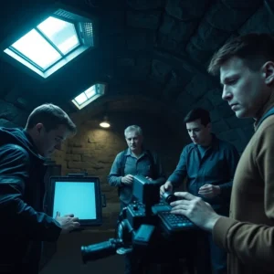 Scene from the premiere episode of Hulu's Paradise featuring characters in an underground bunker.