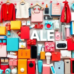 A variety of sale items including clothing, beauty products, kitchenware, and tech electronics displayed for Presidents Day weekend.