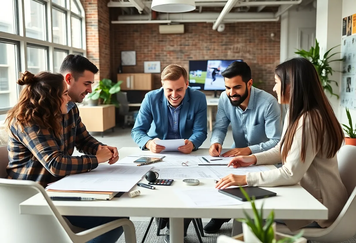 Group of regional advertisers brainstorming strategies for Super Bowl marketing.