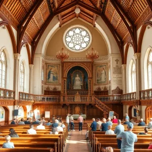Interior view of a renovated church turned community venue in Detroit