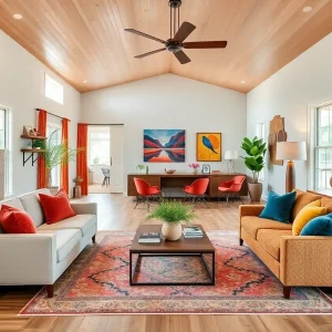 Renovated living area in a classic Michigan ranch home, featuring modern decor and vibrant colors.