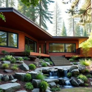 Exterior view of a renovated mid-century modern home in Ann Arbor with a large garden.