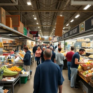 Marketplace in Michigan with shoppers concerned about rising prices from tariffs.