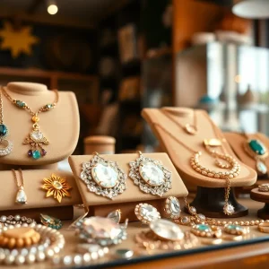 Display of vintage jewelry pieces in a boutique