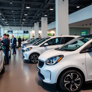 A variety of Xpeng electric vehicles on display in a modern showroom