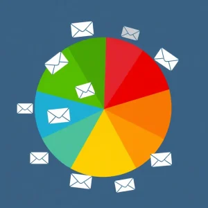 Colorful email icons in a segmented pie chart.