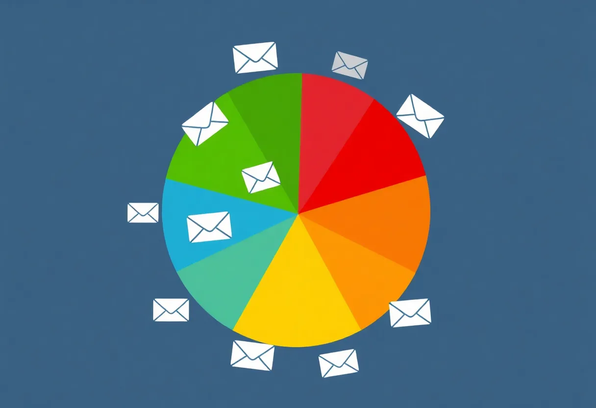 Colorful email icons in a segmented pie chart.