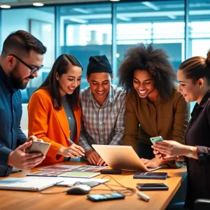 Professionals collaborating in a modern office on digital marketing strategies.
