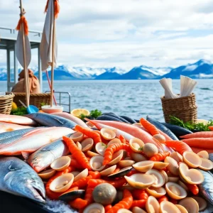 A beautiful assortment of fresh Alaska seafood with scenic background.