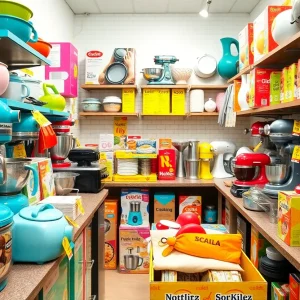 Brightly colored kitchen gadgets and appliances on sale for Amazon Spring Sale.