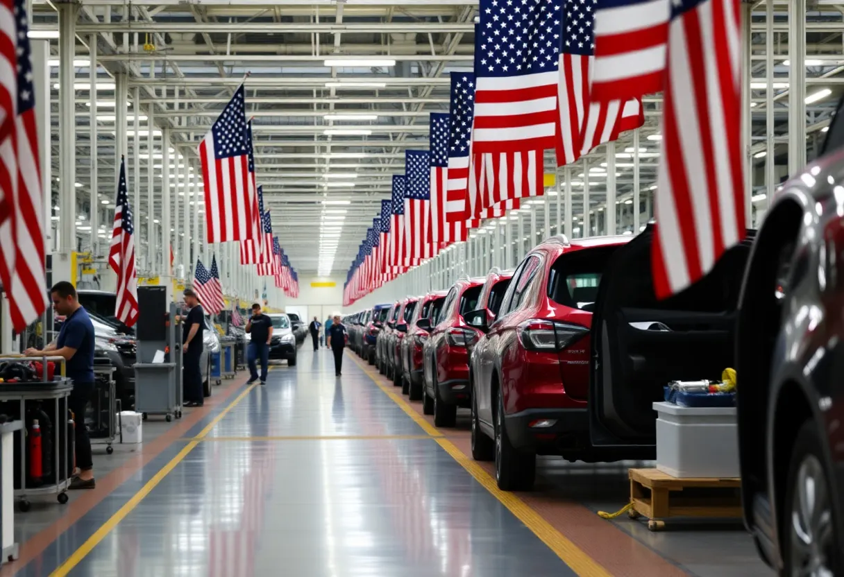 Workers on an assembly line in an American auto manufacturing plant.