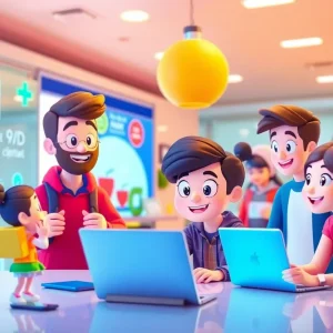 Animated characters interacting in a digital learning and marketing environment.