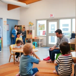 Entrance of ARCHES Family First Resource Center with families.