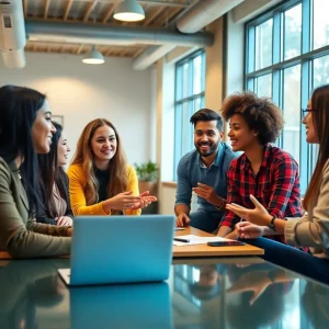 Students discussing social media strategy at Cape Cod Community College