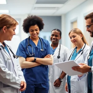 Healthcare professionals collaborating in modern facility