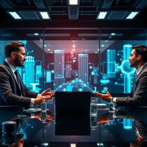 CMO and CEO in a corporate meeting discussing marketing strategies with technology elements.