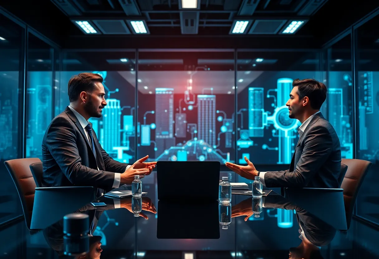 CMO and CEO in a corporate meeting discussing marketing strategies with technology elements.