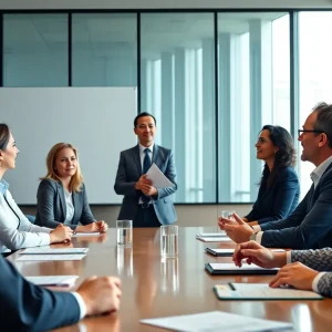 CMO presenting in boardroom to CEOs