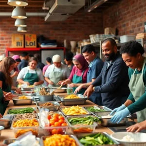Volunteers preparing meals in a busy community kitchen for Ramadan charity