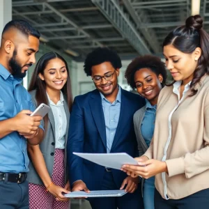 Diverse employees collaborating in an office environment.