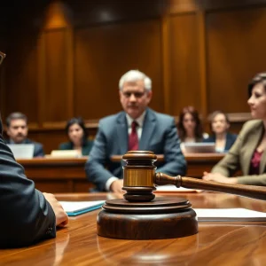 Courtroom scene depicting a copyright dispute involving technology and media.