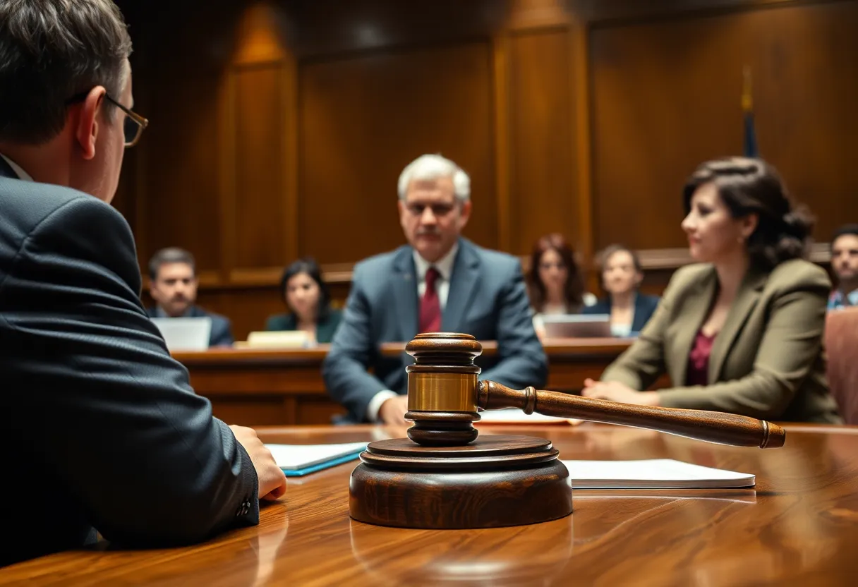 Courtroom scene depicting a copyright dispute involving technology and media.