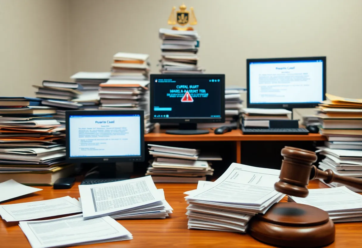 A chaotic courtroom filled with scattered evidence files.
