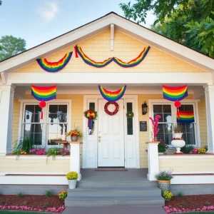 Renovated Craftsman-style home with colorful Pride flags and decorations