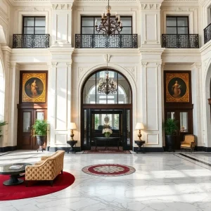 A classic lobby of the Dearborn Inn showcasing renovated marble floors and vintage decor.