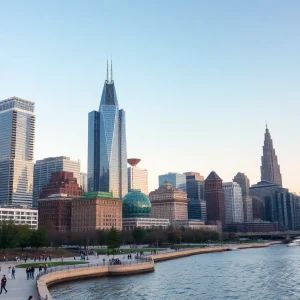 Panoramic view of Detroit's skyline with modern buildings and green parks