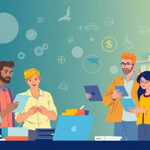 Illustration of entrepreneurs thriving in e-commerce with Shopify tools.