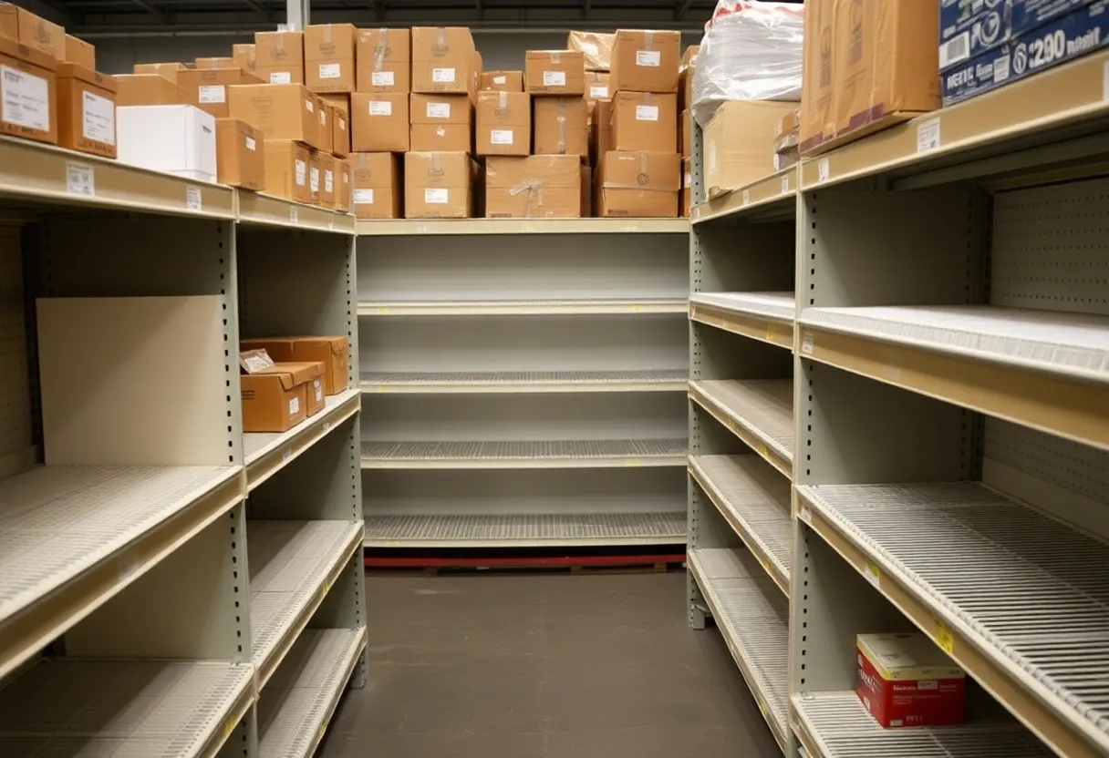 Empty shelves in a Michigan food bank warehouse due to canceled food deliveries