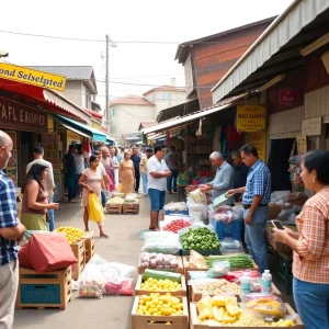 A bustling free market scene showing various economic exchanges between individuals and businesses.