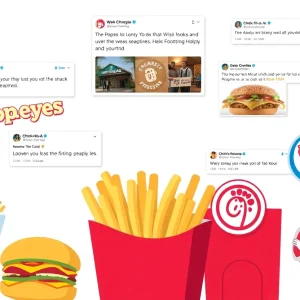 Illustration of fast food social media banter between Popeyes, Chick-fil-A, and Wendy's.