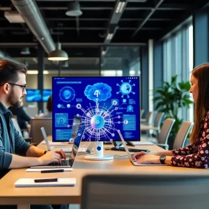 Marketing team discussing generative AI tools in a modern office.