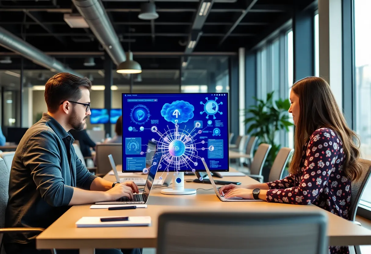 Marketing team discussing generative AI tools in a modern office.
