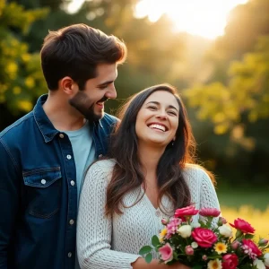 Happy couple enjoying a romantic outdoor moment, representing Hinge's innovative dating app campaign.