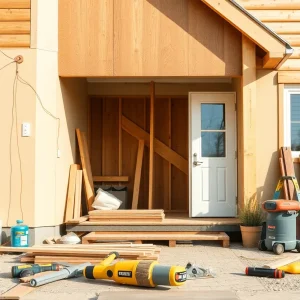 Construction tools on a house being remodeled