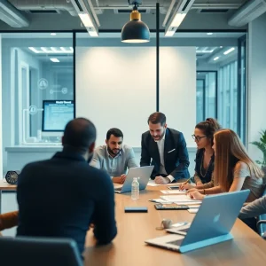 Diverse team brainstorming in a tech office