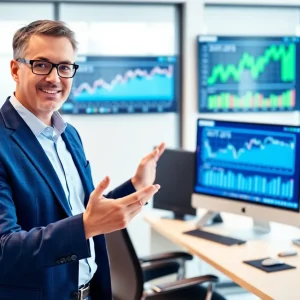 Investment adviser showcasing performance metrics in an office