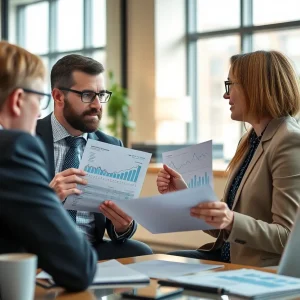 Investment advisers explaining new SEC guidelines to clients in an office.