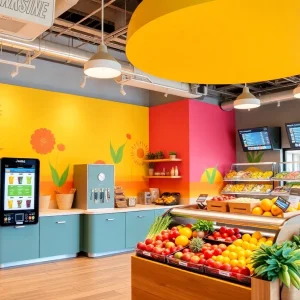 Interior view of Jamba's Hello Sunshine prototype store with customers enjoying smoothies.